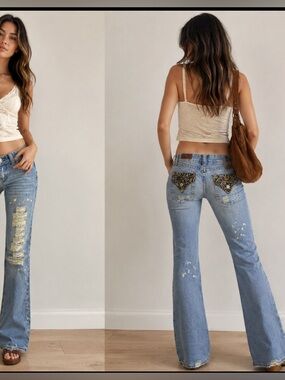 New Y2k Bongo Cotton boho hippie distressed Patchwork pocket Flare lowrise Jean